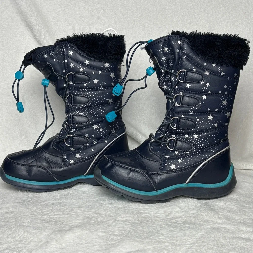Lands' End‎ Kids Navy Blue Star Print Winter Snow Boots Fur Trim Warm Waterproof